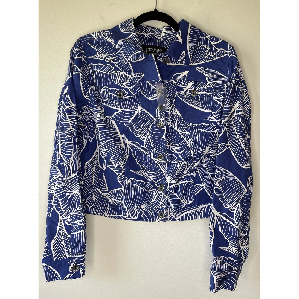 Dennis Basso Jacket 8 Blue White Palm Leaf Cotton Linen Denim Style Coastal NEW